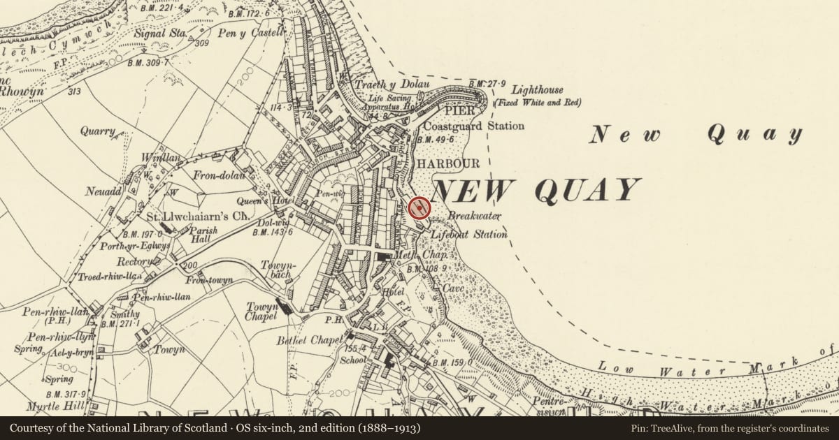 Ordnance Survey six-inch map, 2nd edition (1888–1913) covering the location of Retaining wall of Patent Slip, New Quay, Ceredigion, with a pin at the register's coordinates