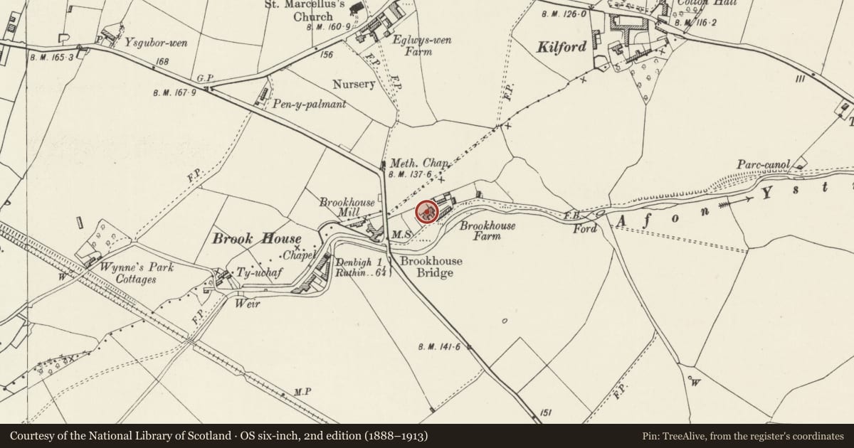 Ordnance Survey six-inch map, 2nd edition (1888–1913) covering the location of Brookhouse Farm, Denbigh, Denbighshire, with a pin at the register's coordinates