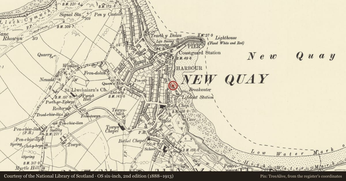 Ordnance Survey six-inch map, 2nd edition (1888–1913) covering the location of The Slipway Building, New Quay, Ceredigion, with a pin at the register's coordinates