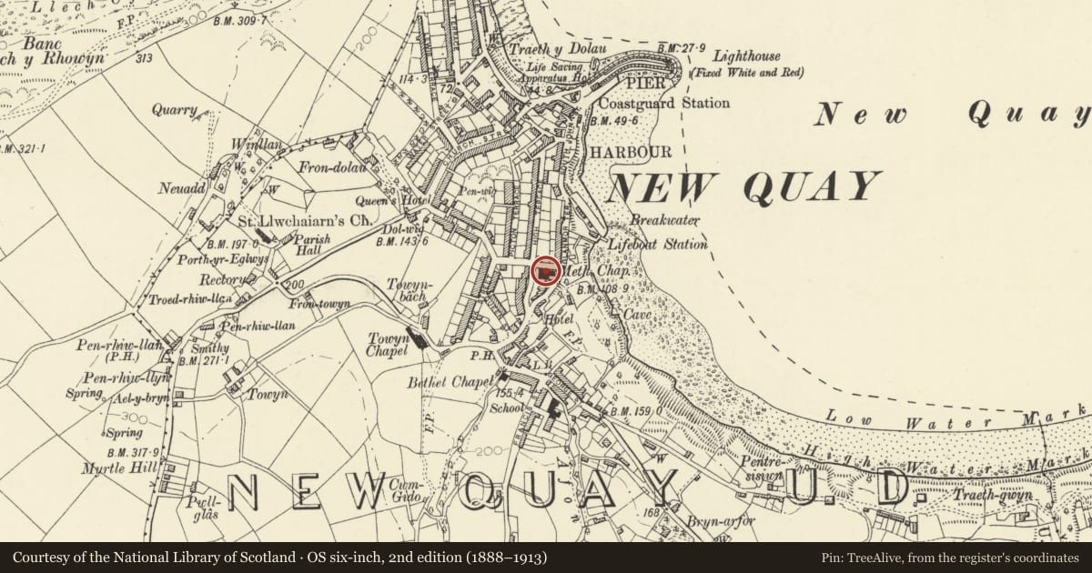 Ordnance Survey six-inch map, 2nd edition (1888–1913) covering the location of Tabernacle Presbyterian Chapel, New Quay, Ceredigion, with a pin at the register's coordinates