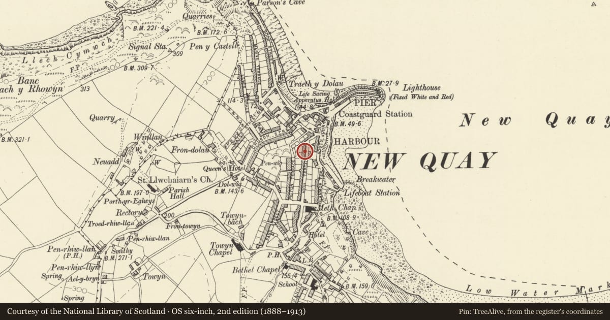 Ordnance Survey six-inch map, 2nd edition (1888–1913) covering the location of Nos 1-3 consec, New Quay, Ceredigion, with a pin at the register's coordinates