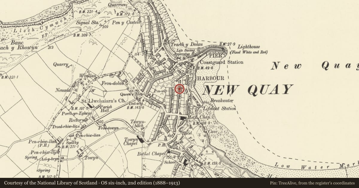 Ordnance Survey six-inch map, 2nd edition (1888–1913) covering the location of Wendon, New Quay, Ceredigion, with a pin at the register's coordinates