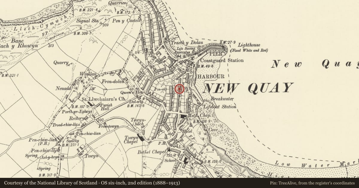 Ordnance Survey six-inch map, 2nd edition (1888–1913) covering the location of Marwood, New Quay, Ceredigion, with a pin at the register's coordinates