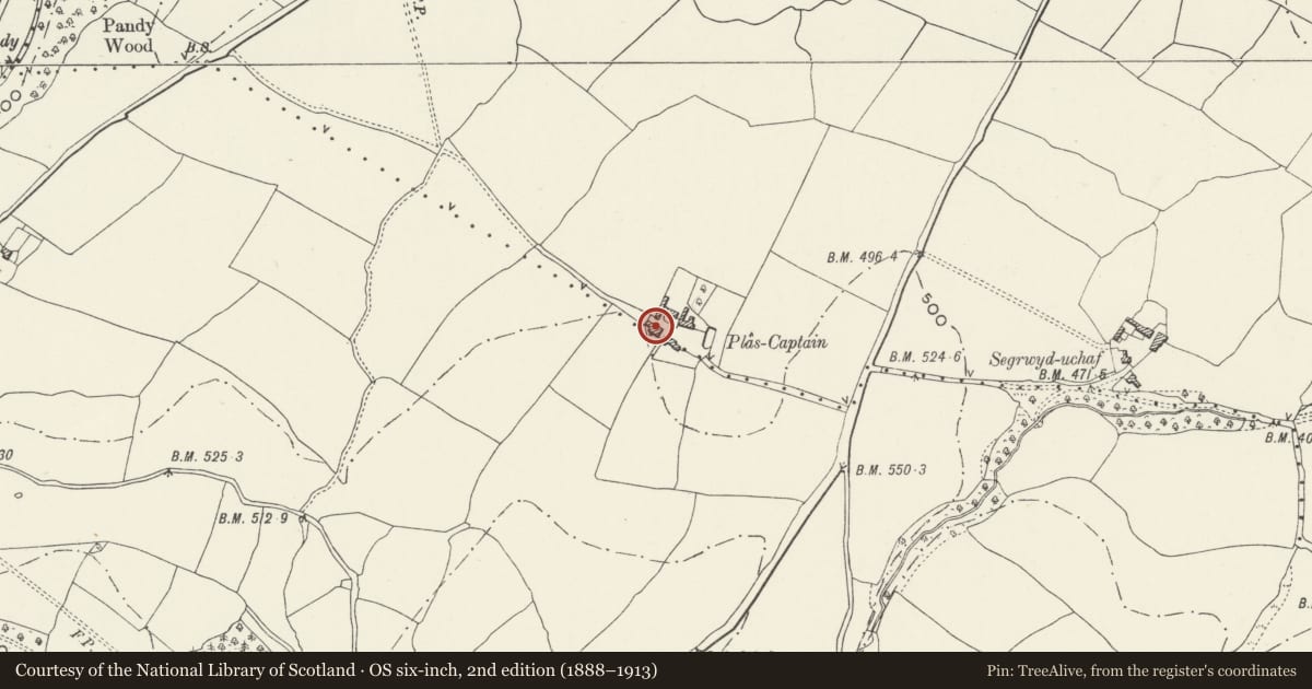 Ordnance Survey six-inch map, 2nd edition (1888–1913) covering the location of Plas Captain, Denbigh, Denbighshire, with a pin at the register's coordinates