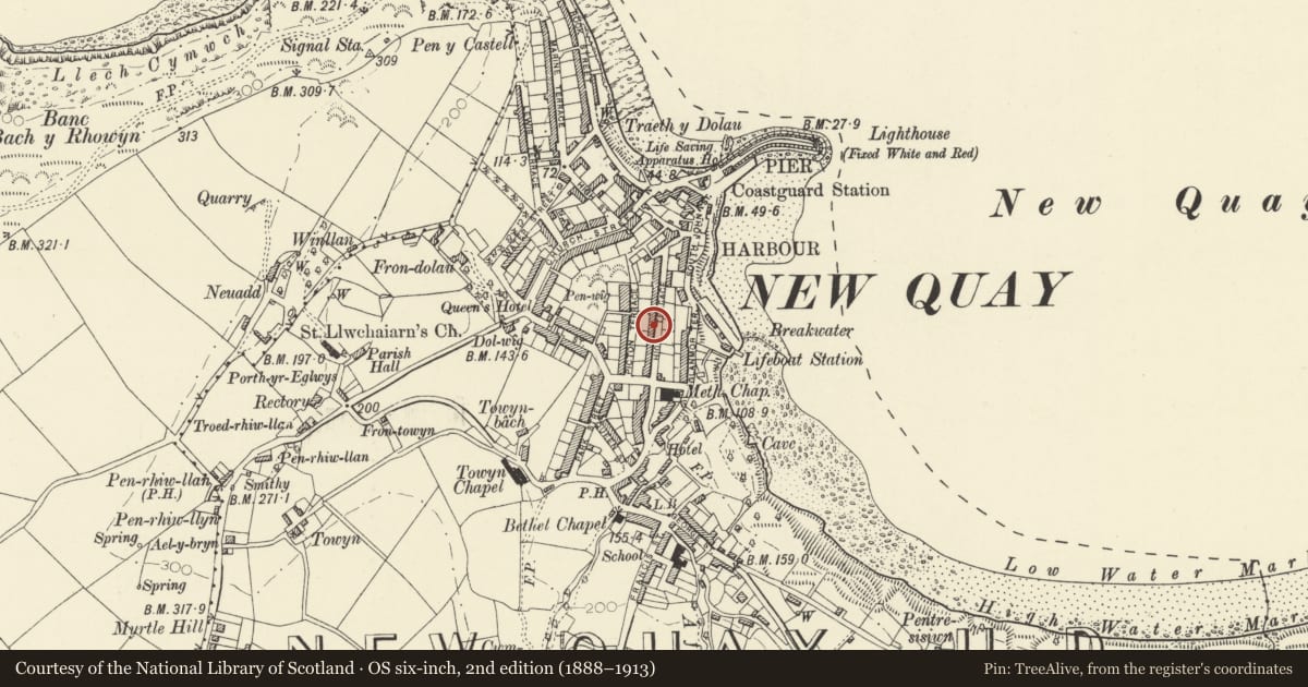 Ordnance Survey six-inch map, 2nd edition (1888–1913) covering the location of Uplands, New Quay, Ceredigion, with a pin at the register's coordinates