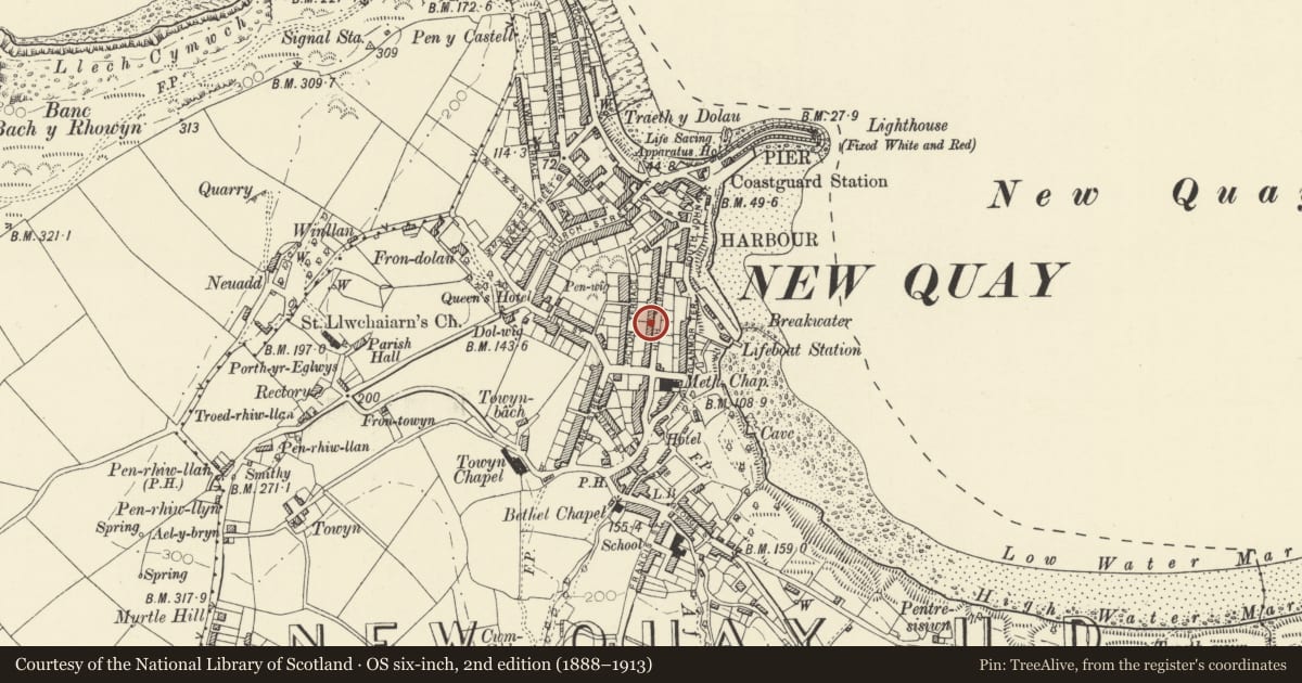 Ordnance Survey six-inch map, 2nd edition (1888–1913) covering the location of 13 High Terrace, New Quay, Ceredigion, with a pin at the register's coordinates