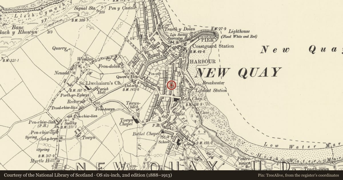 Ordnance Survey six-inch map, 2nd edition (1888–1913) covering the location of 14 High Terrace, New Quay, Ceredigion, with a pin at the register's coordinates