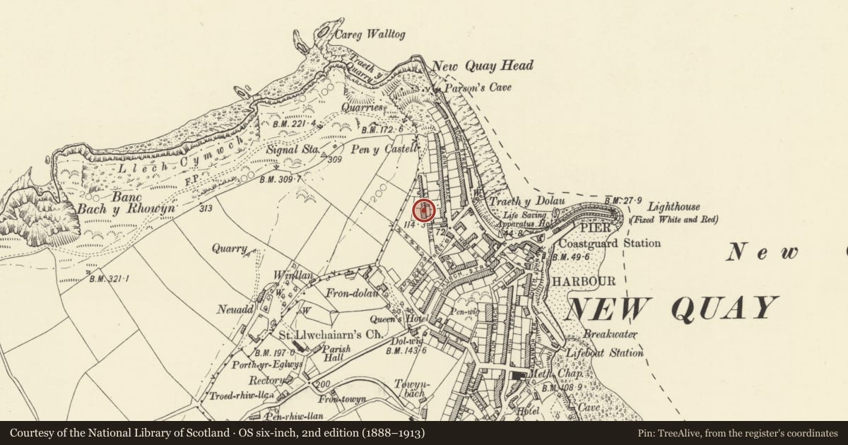 Ordnance Survey six-inch map, 2nd edition (1888–1913) covering the location of 1 Lewis Terrace, New Quay, Ceredigion, with a pin at the register's coordinates