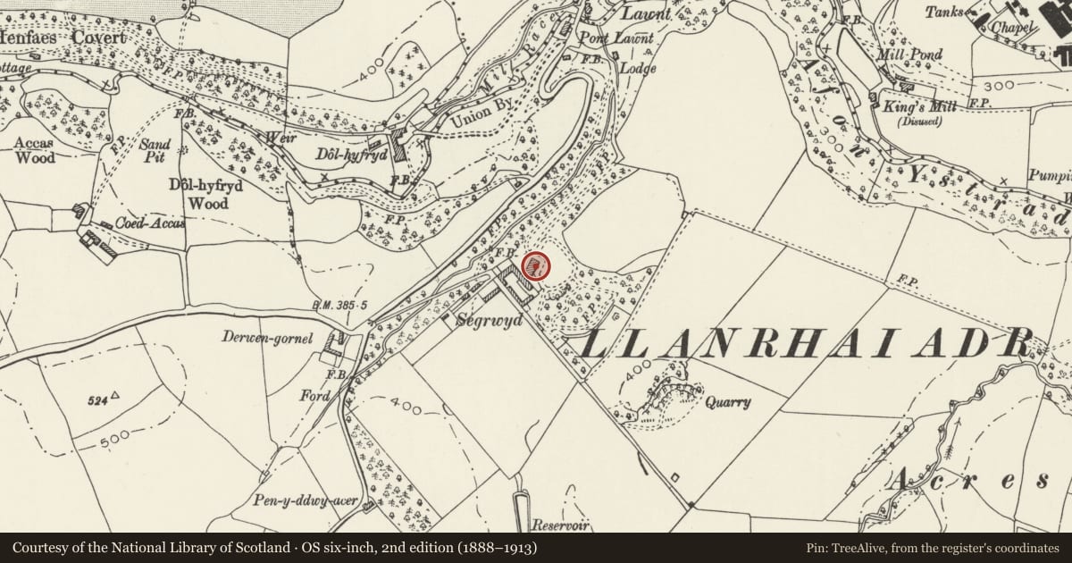 Ordnance Survey six-inch map, 2nd edition (1888–1913) covering the location of Segrwyd, Denbigh, Denbighshire, with a pin at the register's coordinates