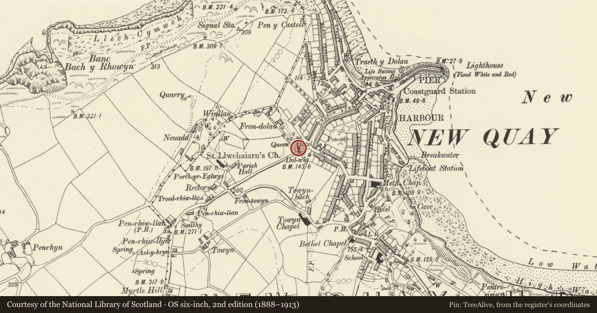 Ordnance Survey six-inch map, 2nd edition (1888–1913) covering the location of Lodge at driveway to Fron Dolau, New Quay, Ceredigion, with a pin at the register's coordinates