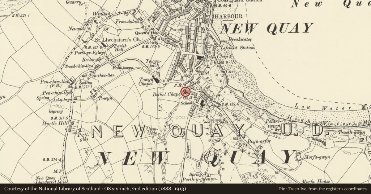 Ordnance Survey six-inch map, 2nd edition (1888–1913) covering the location of Bethel Baptist Chapel including fron area railings, New Quay, Ceredigion, with a pin at the register's coordinates