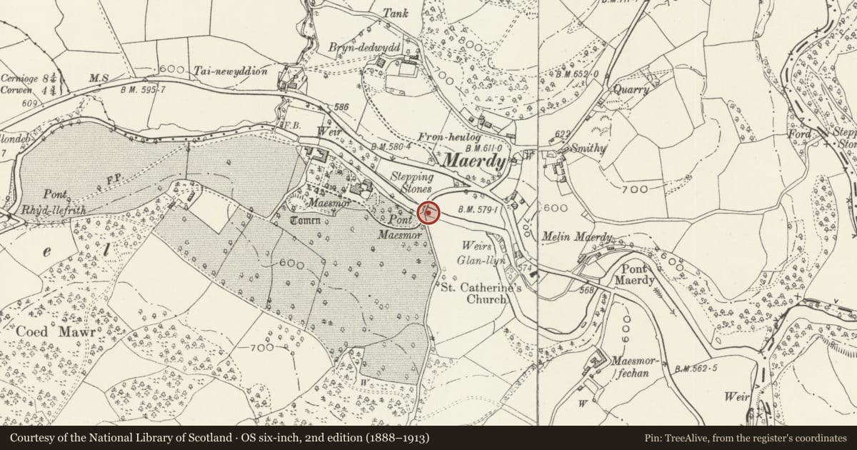 Ordnance Survey six-inch map, 2nd edition (1888–1913) covering the location of Pont Maesmor, Llangwm, Conwy, with a pin at the register's coordinates