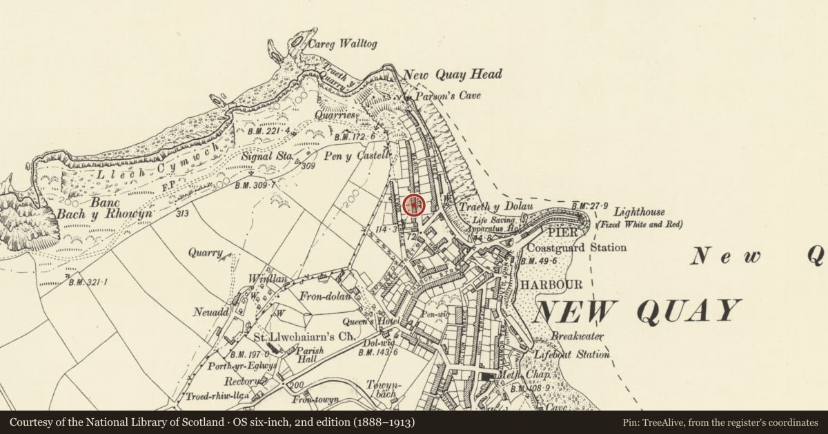 Ordnance Survey six-inch map, 2nd edition (1888–1913) covering the location of 3 Marine Terrace, New Quay, Ceredigion, with a pin at the register's coordinates