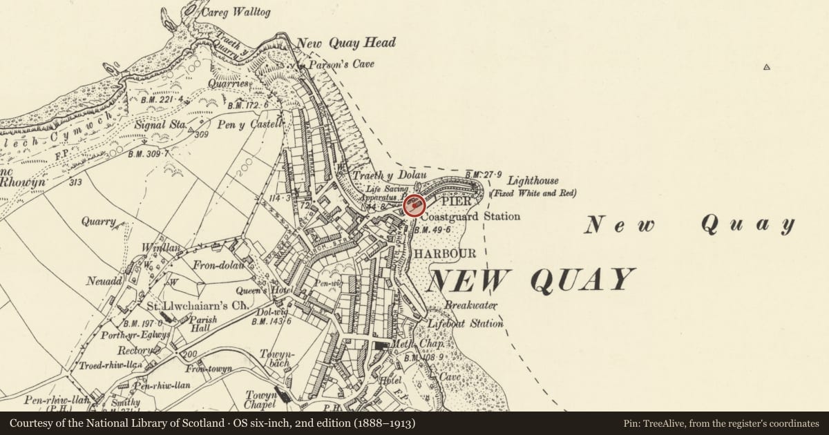 Ordnance Survey six-inch map, 2nd edition (1888–1913) covering the location of The Pier Building, the Pier, New Quay, Ceredigion, with a pin at the register's coordinates