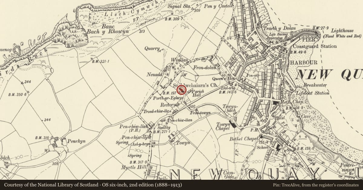 Ordnance Survey six-inch map, 2nd edition (1888–1913) covering the location of Church of St Llwchaiarn, New Quay, Ceredigion, with a pin at the register's coordinates