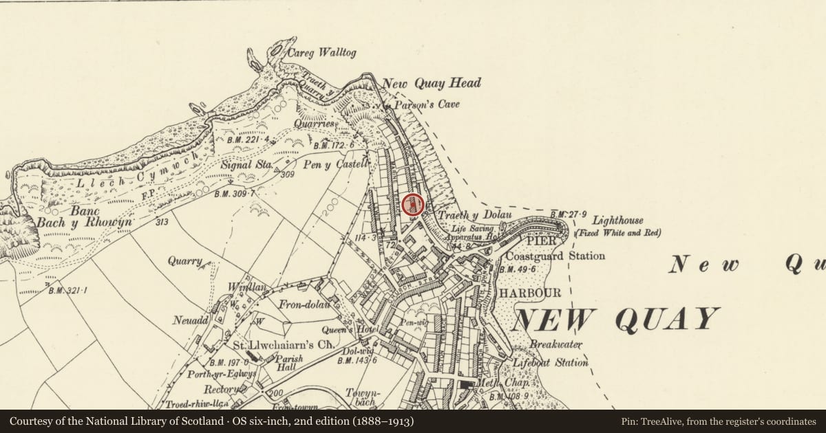 Ordnance Survey six-inch map, 2nd edition (1888–1913) covering the location of 2 Rock Street, New Quay, Ceredigion, with a pin at the register's coordinates