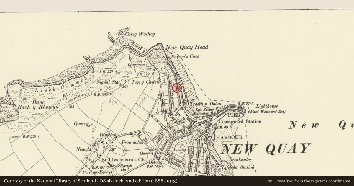 Ordnance Survey six-inch map, 2nd edition (1888–1913) covering the location of 8 Rock Street, New Quay, Ceredigion, with a pin at the register's coordinates