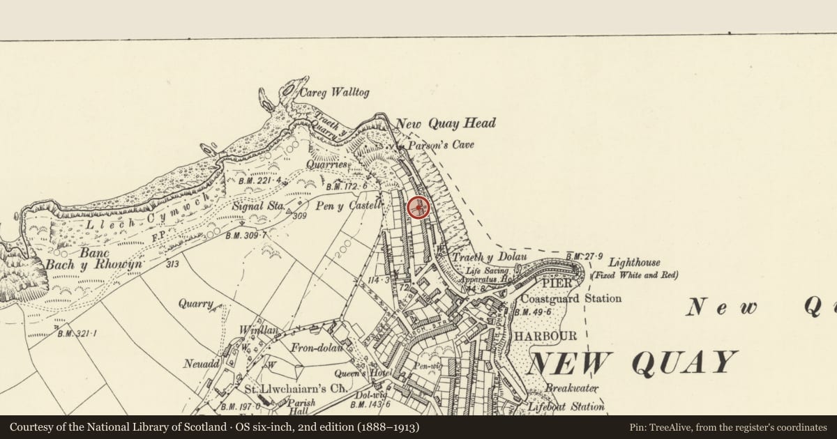 Ordnance Survey six-inch map, 2nd edition (1888–1913) covering the location of 11 Rock Street, New Quay, Ceredigion, with a pin at the register's coordinates