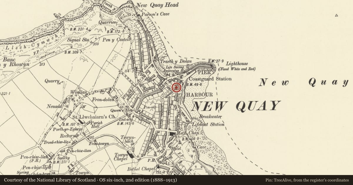 Ordnance Survey six-inch map, 2nd edition (1888–1913) covering the location of The Penwig Hotel, New Quay, Ceredigion, with a pin at the register's coordinates