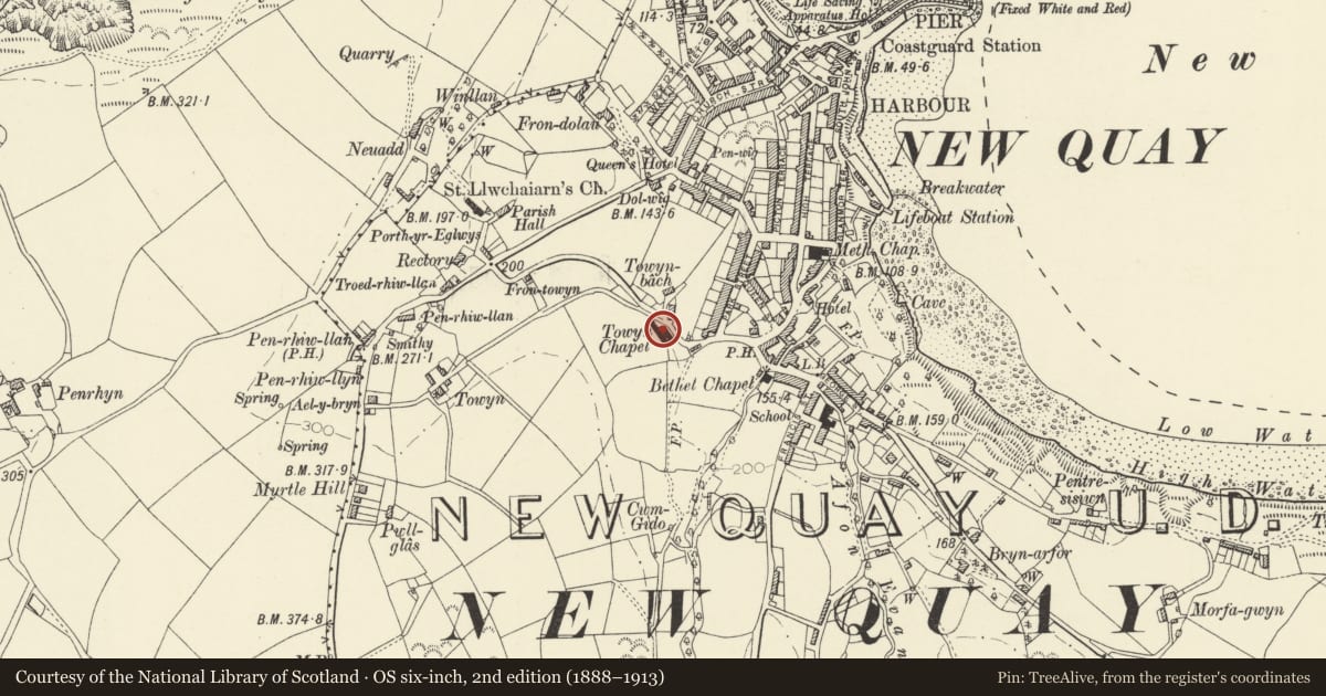 Ordnance Survey six-inch map, 2nd edition (1888–1913) covering the location of Towyn Independent Chapel including School Room forward on right, New Quay, Ceredigion, with a pin at the register's coordinates