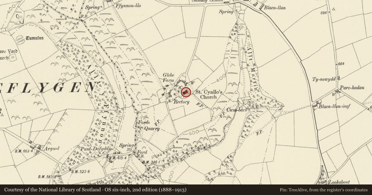 Ordnance Survey six-inch map, 2nd edition (1888–1913) covering the location of Church of St Cynllo, Troedyraur, Ceredigion, with a pin at the register's coordinates