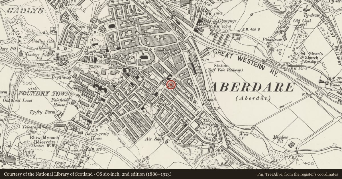 Ordnance Survey six-inch map, 2nd edition (1888–1913) covering the location of Bute Chambers, Aberdare East, Rhondda Cynon Taff, with a pin at the register's coordinates