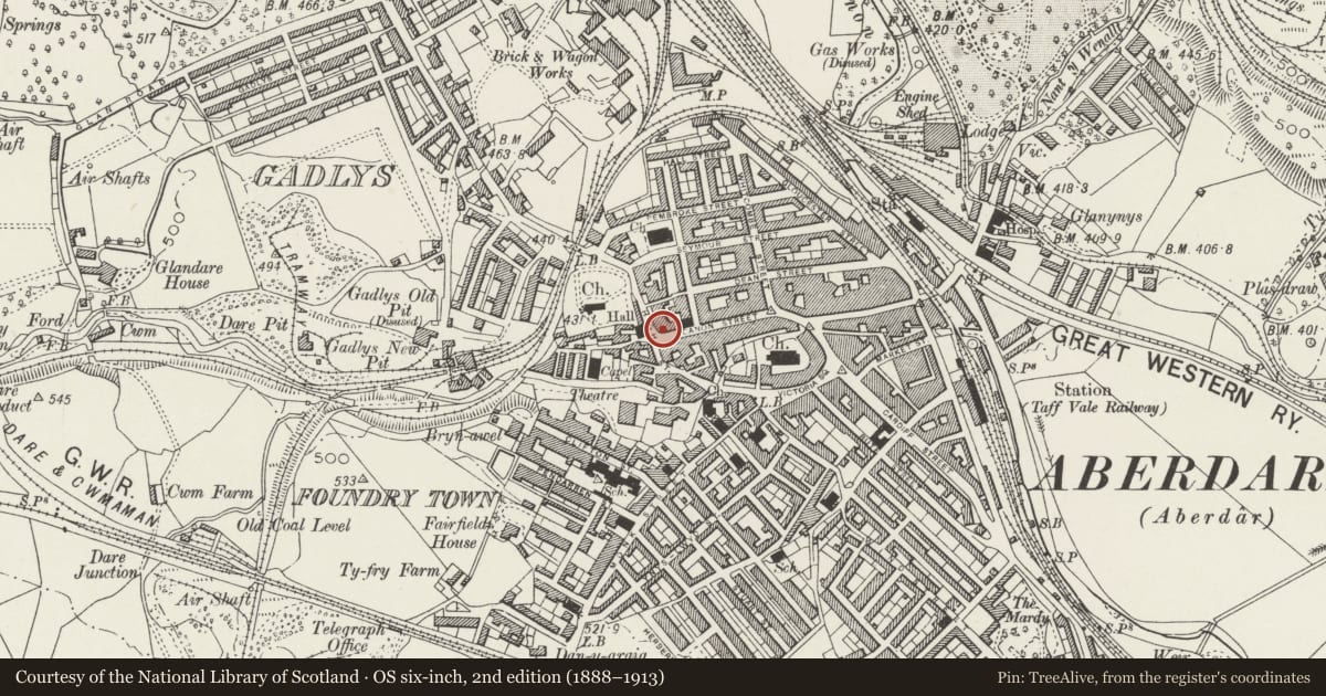 Ordnance Survey six-inch map, 2nd edition (1888–1913) covering the location of Deckers Club, Aberdare East, Rhondda Cynon Taff, with a pin at the register's coordinates