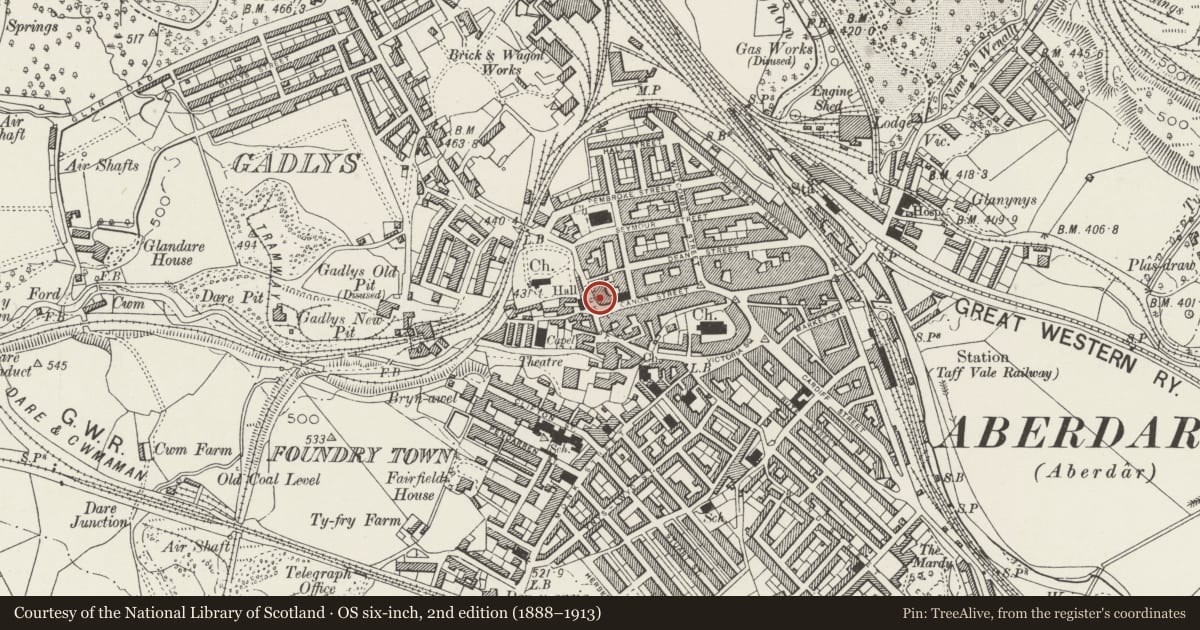 Ordnance Survey six-inch map, 2nd edition (1888–1913) covering the location of M.J.Rayner, Aberdare East, Rhondda Cynon Taff, with a pin at the register's coordinates