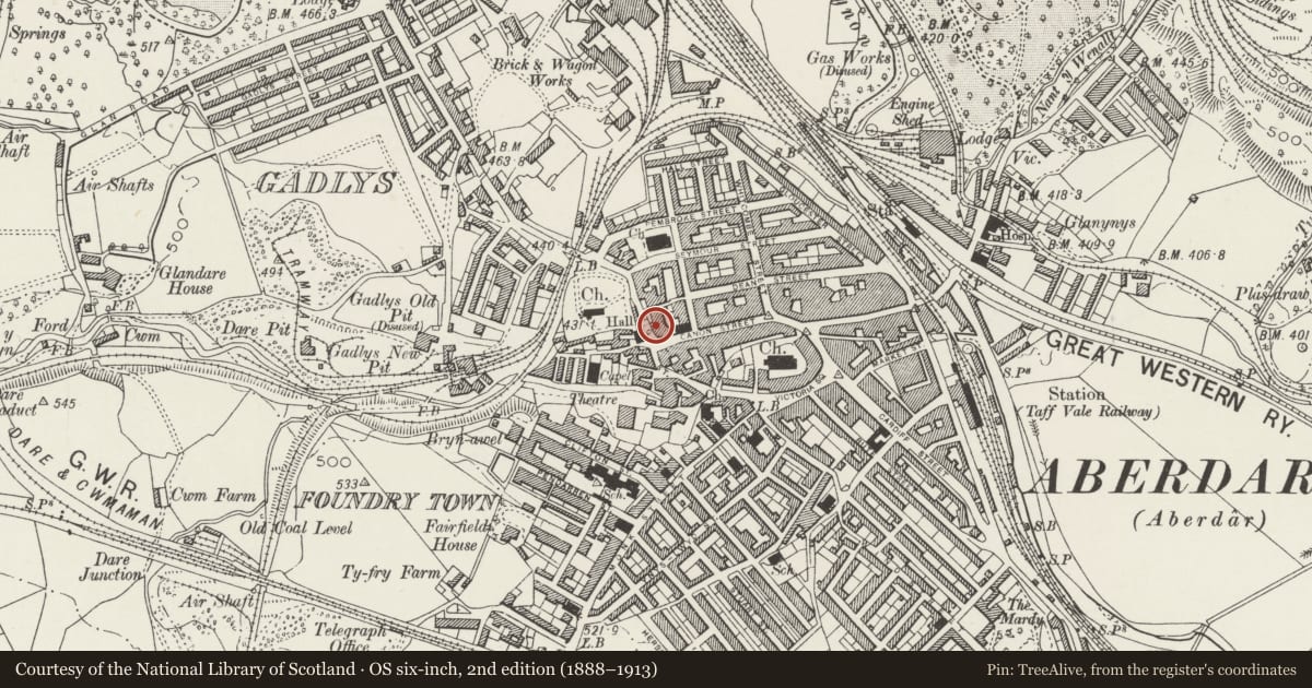 Ordnance Survey six-inch map, 2nd edition (1888–1913) covering the location of Aberdare Carpet Company, Aberdare East, Rhondda Cynon Taff, with a pin at the register's coordinates