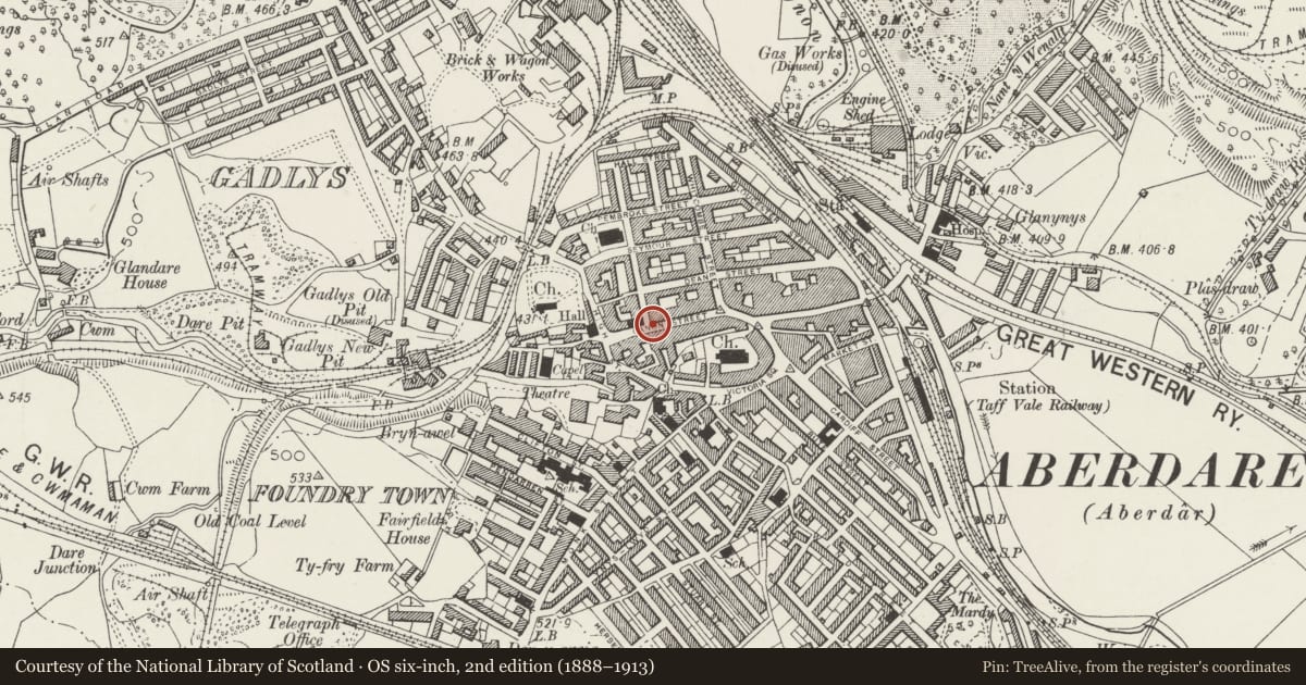 Ordnance Survey six-inch map, 2nd edition (1888–1913) covering the location of Pillar Box on the Pavement outside The Palladium Cinema, Aberdare East, Rhondda Cynon Taff, with a pin at the register's coordinates