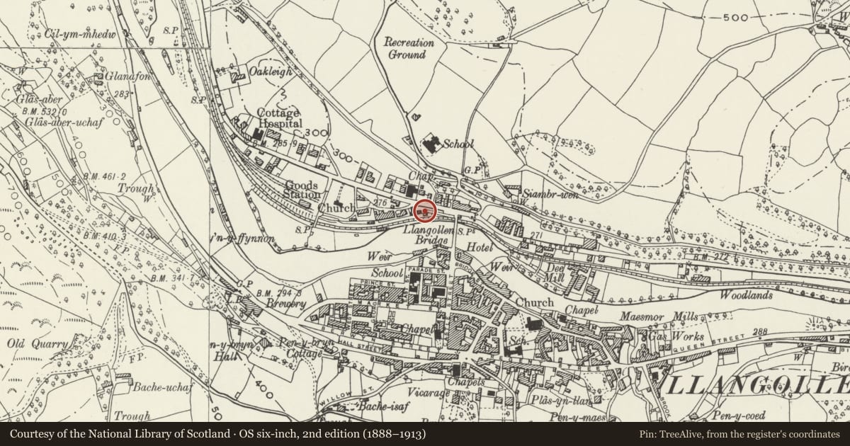 Ordnance Survey six-inch map, 2nd edition (1888–1913) covering the location of Signal Box at Langollen railway Station, Llangollen, Denbighshire, with a pin at the register's coordinates