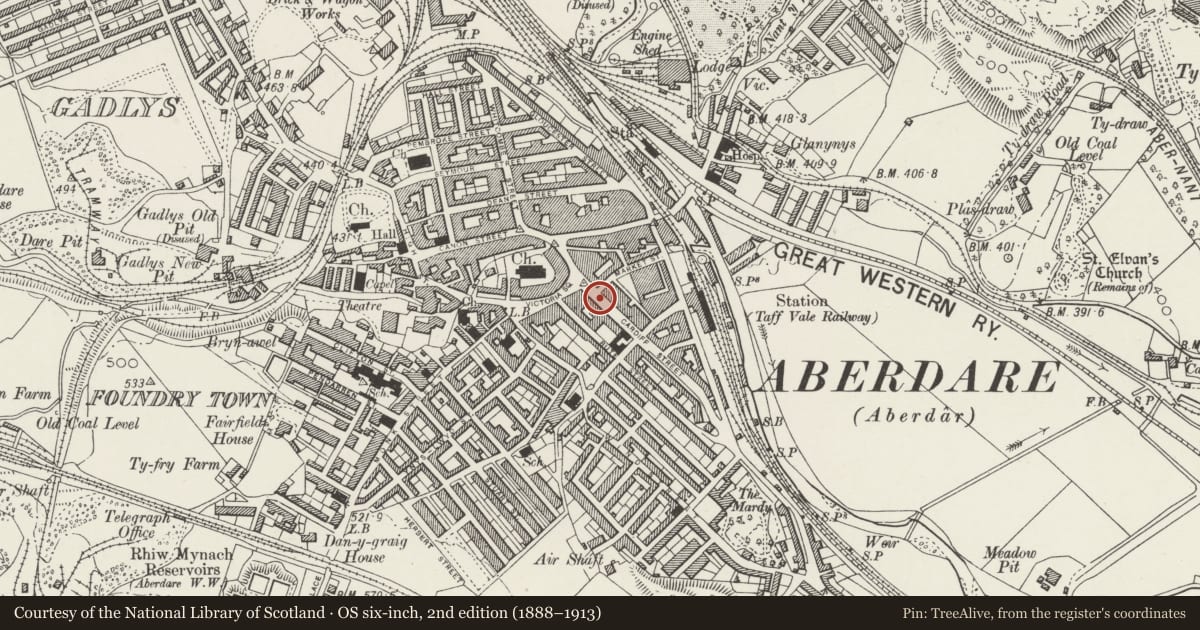 Ordnance Survey six-inch map, 2nd edition (1888–1913) covering the location of Pillar Box on Pavement outside Nos. 60 & 62, Aberdare East, Rhondda Cynon Taff, with a pin at the register's coordinates
