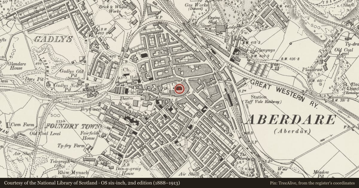 Ordnance Survey six-inch map, 2nd edition (1888–1913) covering the location of St Elvan's Church, Aberdare East, Rhondda Cynon Taff, with a pin at the register's coordinates