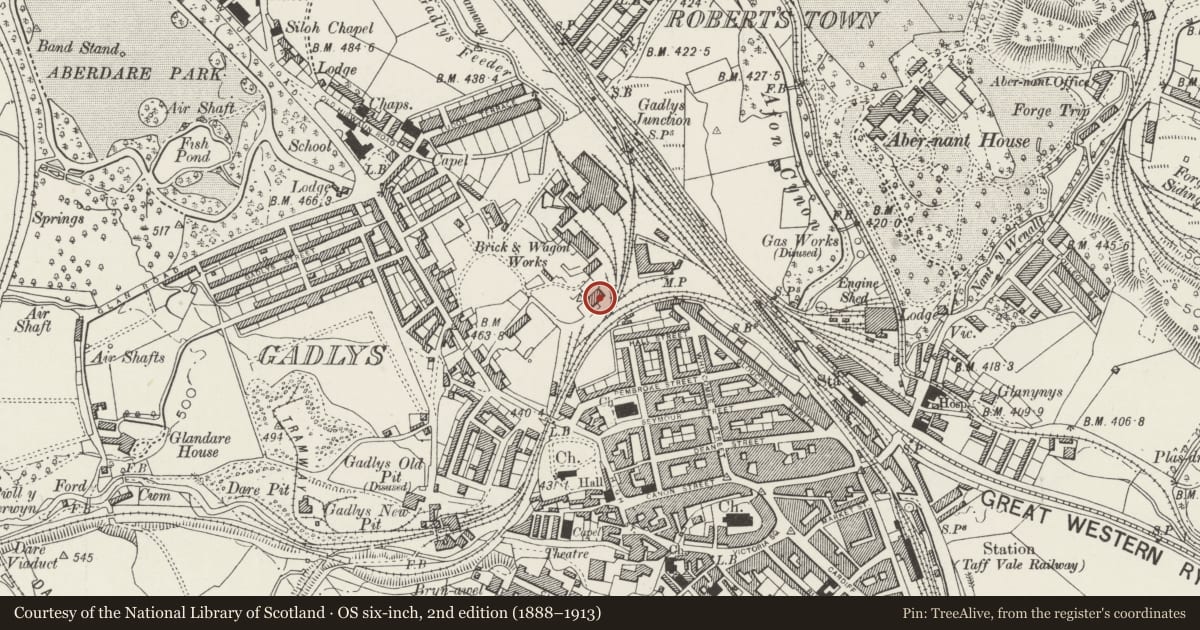 Ordnance Survey six-inch map, 2nd edition (1888–1913) covering the location of Blast Engine House at former Gadly's Ironworks, Aberdare East, Rhondda Cynon Taff, with a pin at the register's coordinates