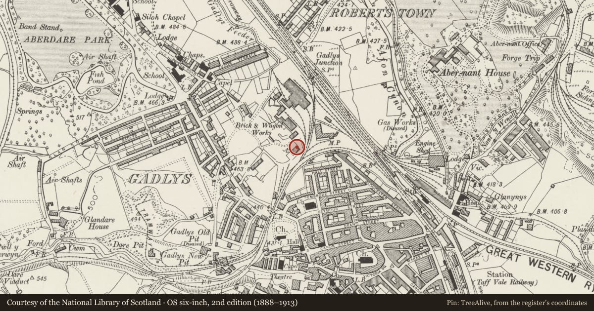 Ordnance Survey six-inch map, 2nd edition (1888–1913) covering the location of Stone Revetments at Former Gadly's Ironworks, Aberdare East, Rhondda Cynon Taff, with a pin at the register's coordinates