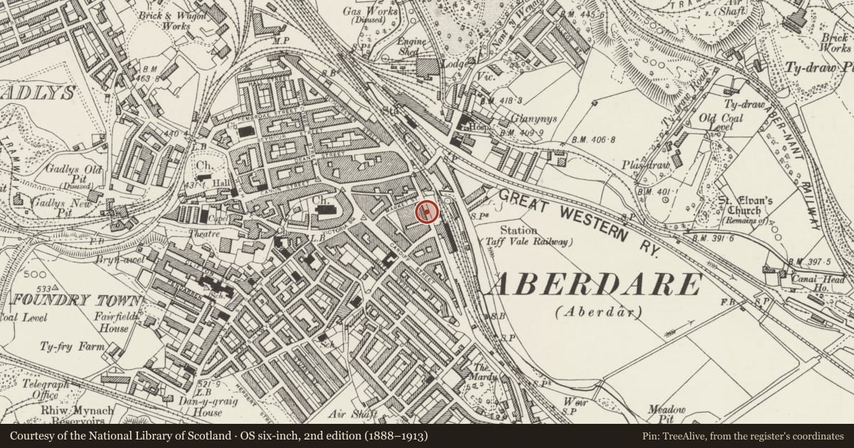 Ordnance Survey six-inch map, 2nd edition (1888–1913) covering the location of East Range of Aberdare Market, Aberdare East, Rhondda Cynon Taff, with a pin at the register's coordinates