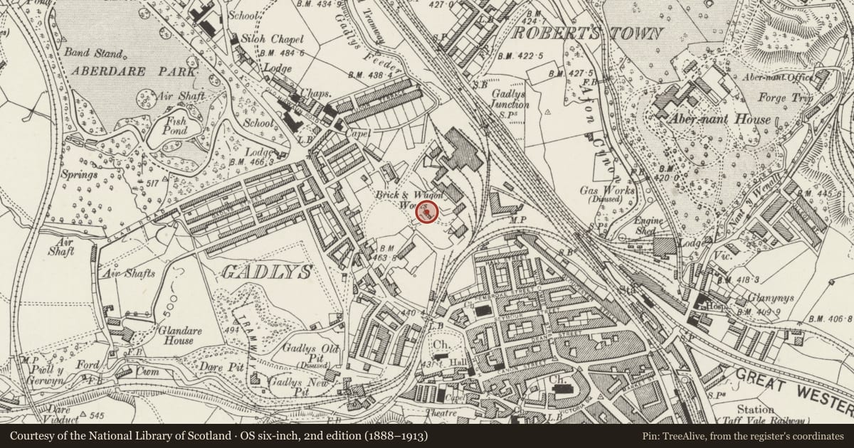 Ordnance Survey six-inch map, 2nd edition (1888–1913) covering the location of Former Calcining Furnaces at Gadly's Ironworks, Aberdare East, Rhondda Cynon Taff, with a pin at the register's coordinates