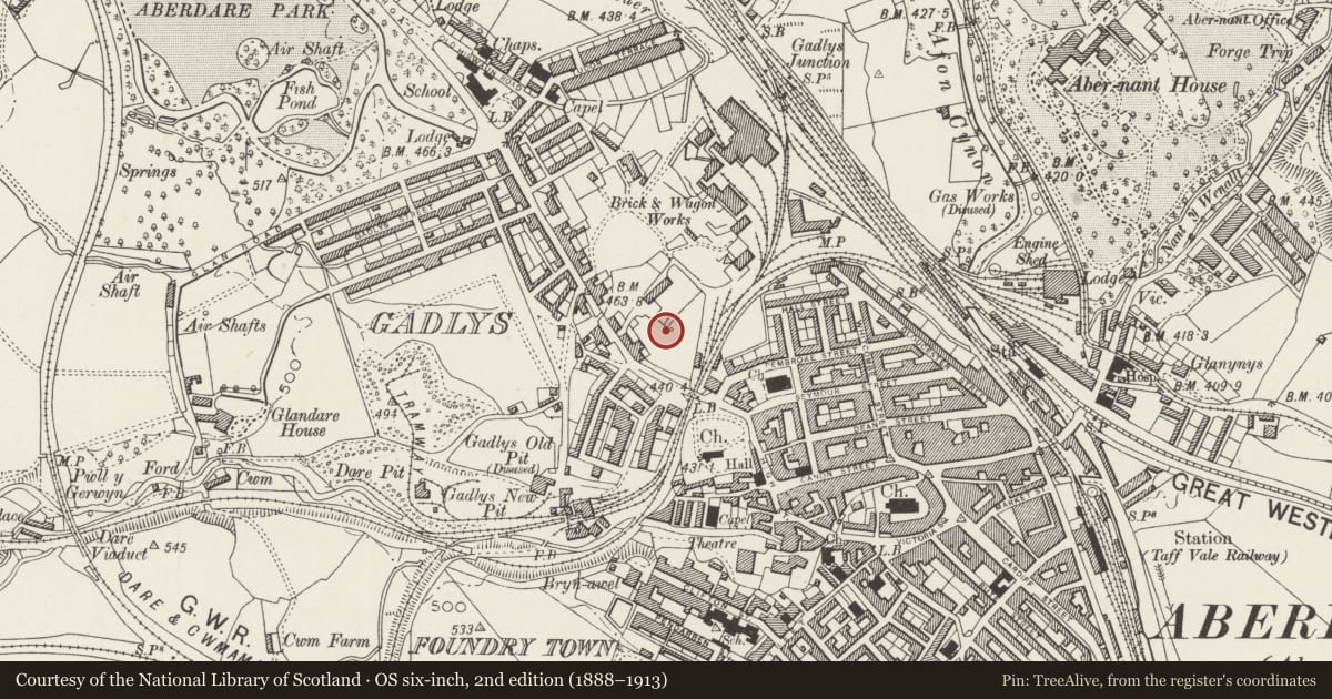 Ordnance Survey six-inch map, 2nd edition (1888–1913) covering the location of Gadlys Higher Standard School (Original Ranges only), Aberdare East, Rhondda Cynon Taff, with a pin at the register's coordinates