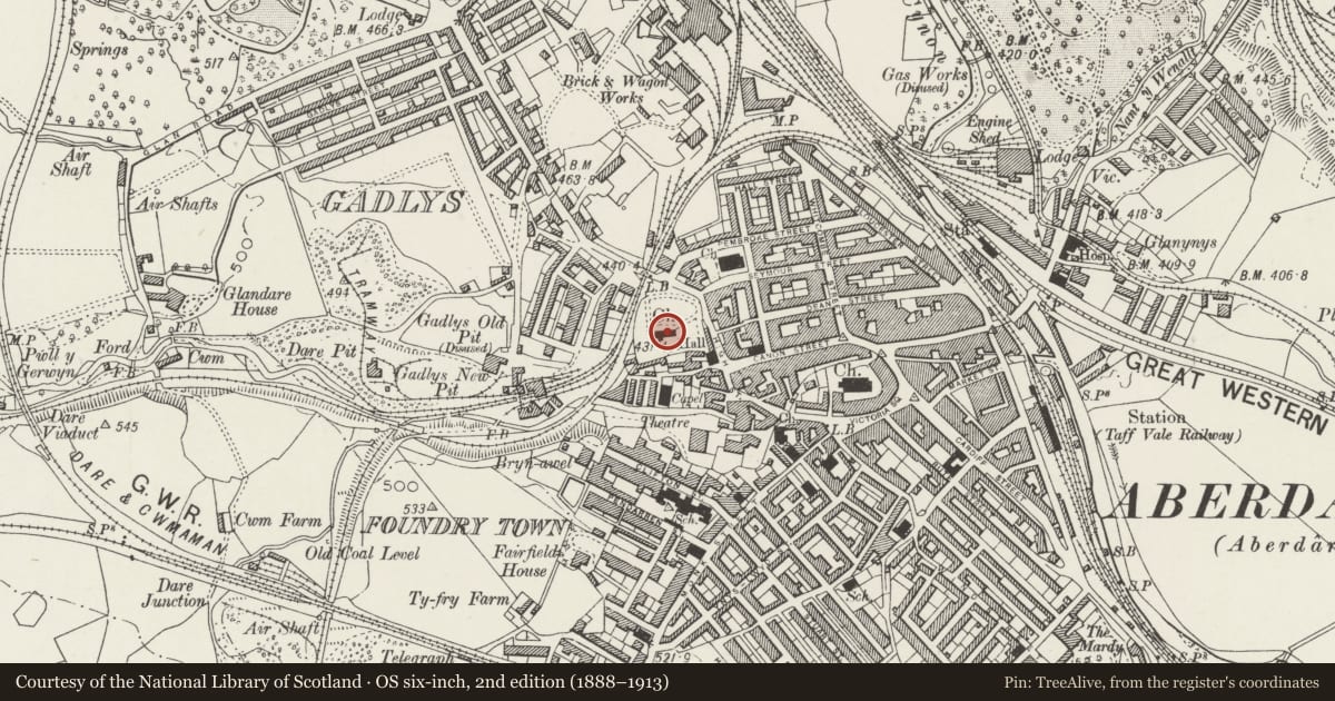 Ordnance Survey six-inch map, 2nd edition (1888–1913) covering the location of St John the Baptist Parish Church, Aberdare East, Rhondda Cynon Taff, with a pin at the register's coordinates