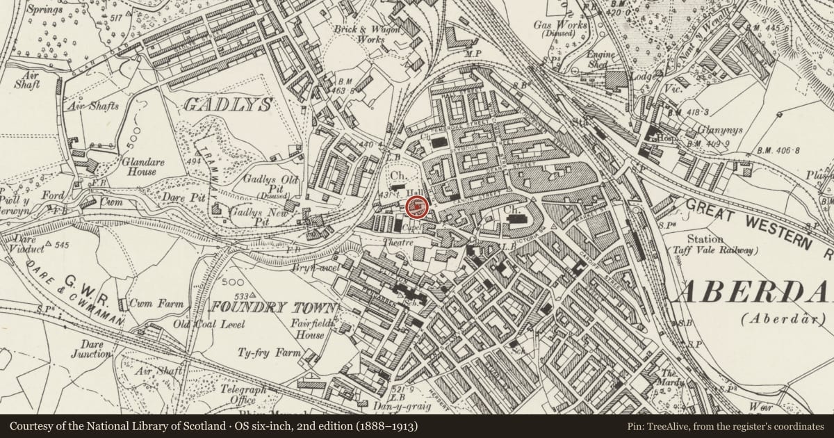 Ordnance Survey six-inch map, 2nd edition (1888–1913) covering the location of English Methodist Chapel (including Vestry), Aberdare East, Rhondda Cynon Taff, with a pin at the register's coordinates