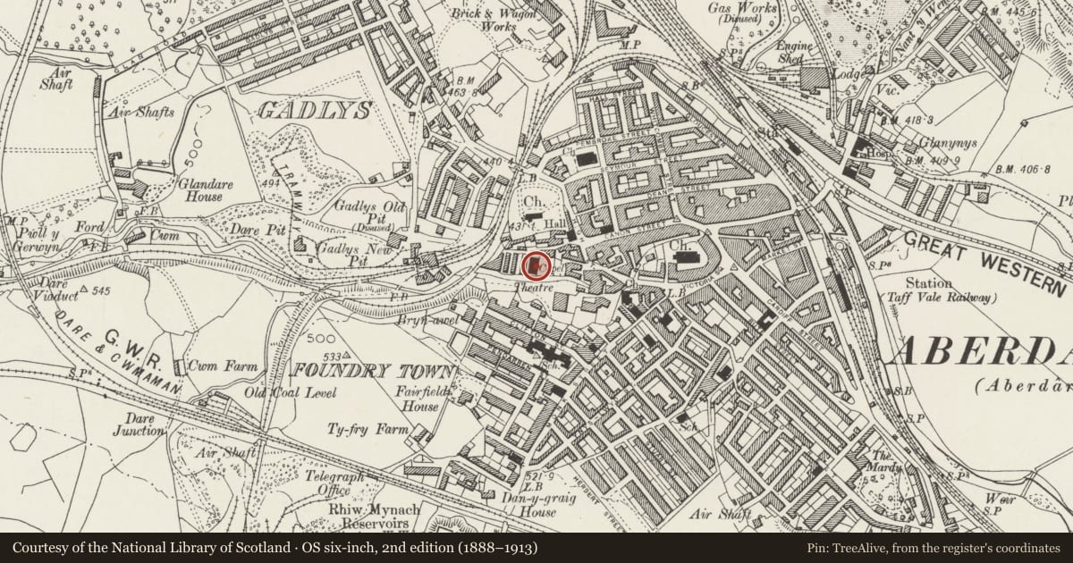 Ordnance Survey six-inch map, 2nd edition (1888–1913) covering the location of Siloa Capel Y Annibynwyr, Aberdare East, Rhondda Cynon Taff, with a pin at the register's coordinates