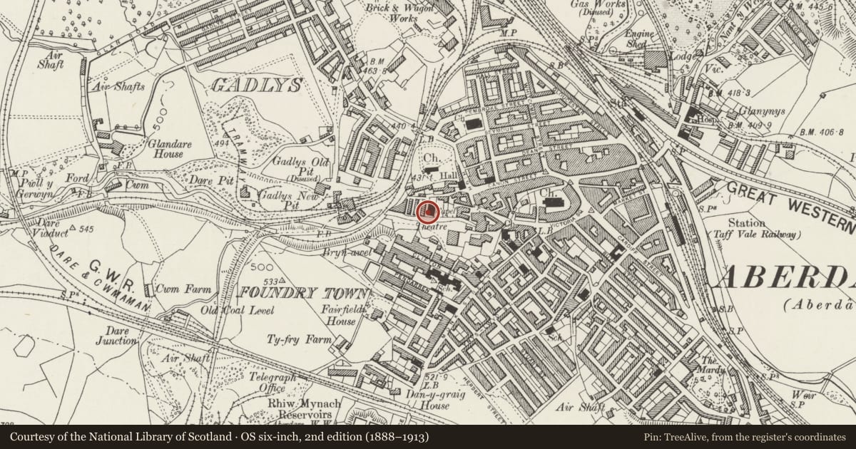 Ordnance Survey six-inch map, 2nd edition (1888–1913) covering the location of Hall attached to Siloa Capel Y Annibynwyr, Aberdare East, Rhondda Cynon Taff, with a pin at the register's coordinates