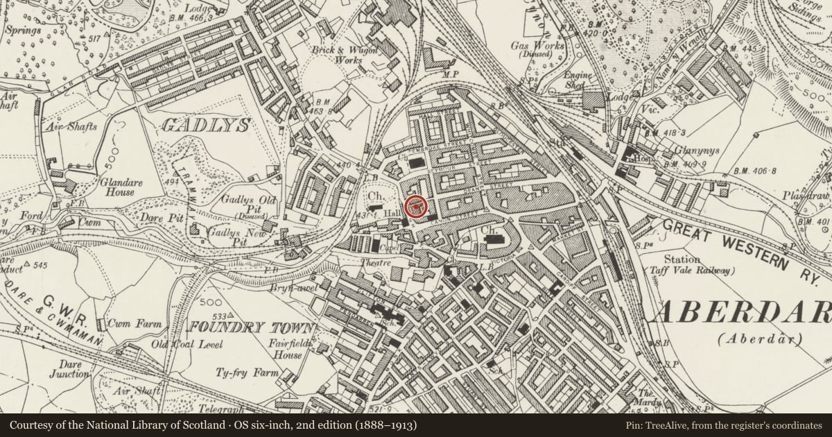 Ordnance Survey six-inch map, 2nd edition (1888–1913) covering the location of 42 High Street, Aberdare East, Rhondda Cynon Taff, with a pin at the register's coordinates