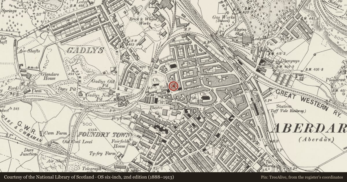 Ordnance Survey six-inch map, 2nd edition (1888–1913) covering the location of 43 High Street, Aberdare East, Rhondda Cynon Taff, with a pin at the register's coordinates