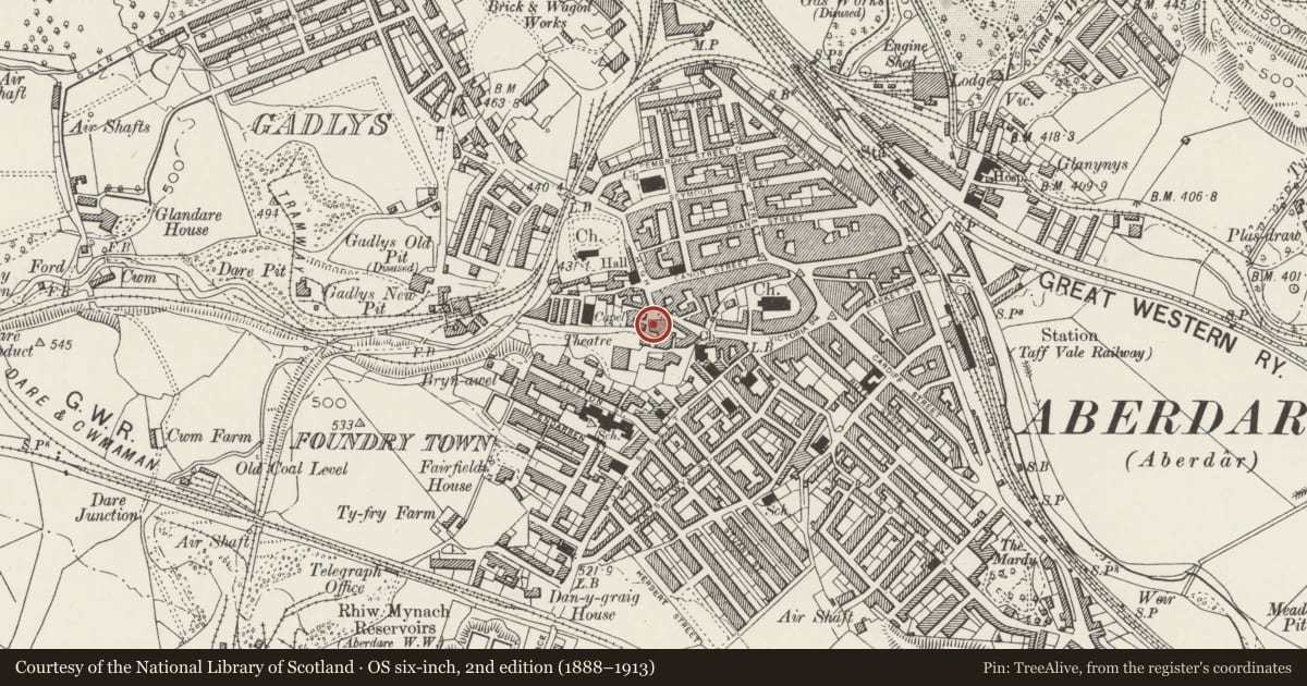 Ordnance Survey six-inch map, 2nd edition (1888–1913) covering the location of Milestone, Aberdare East, Rhondda Cynon Taff, with a pin at the register's coordinates