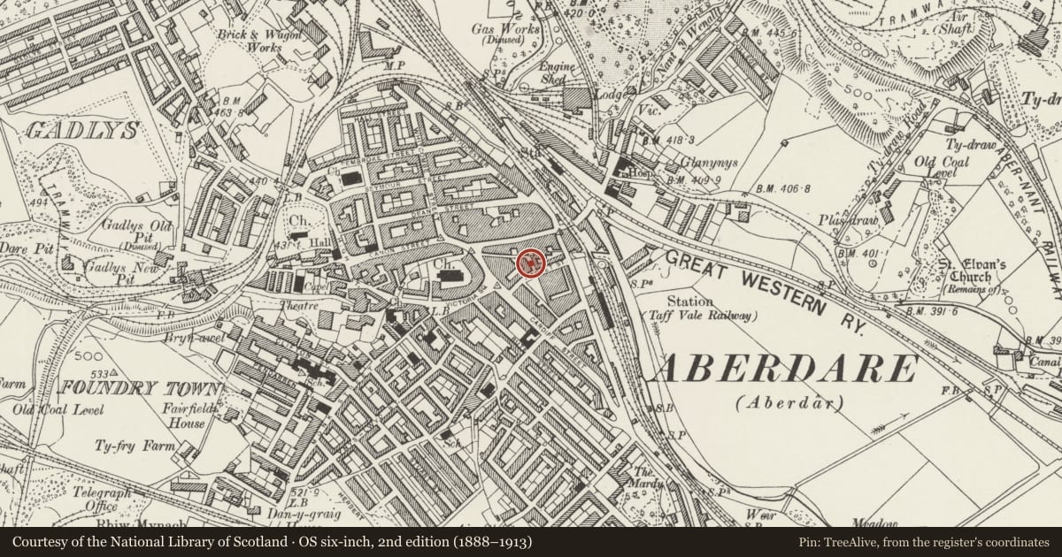 Ordnance Survey six-inch map, 2nd edition (1888–1913) covering the location of The Old Courthouse, Aberdare East, Rhondda Cynon Taff, with a pin at the register's coordinates