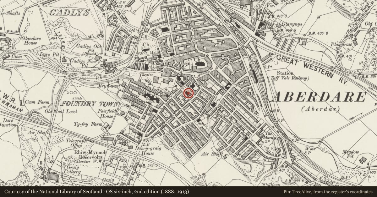 Ordnance Survey six-inch map, 2nd edition (1888–1913) covering the location of Calfaria Chapel, Aberdare East, Rhondda Cynon Taff, with a pin at the register's coordinates