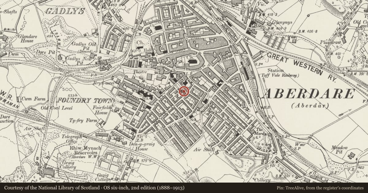 Ordnance Survey six-inch map, 2nd edition (1888–1913) covering the location of Hall attached to Calfaria Chapel, Aberdare East, Rhondda Cynon Taff, with a pin at the register's coordinates