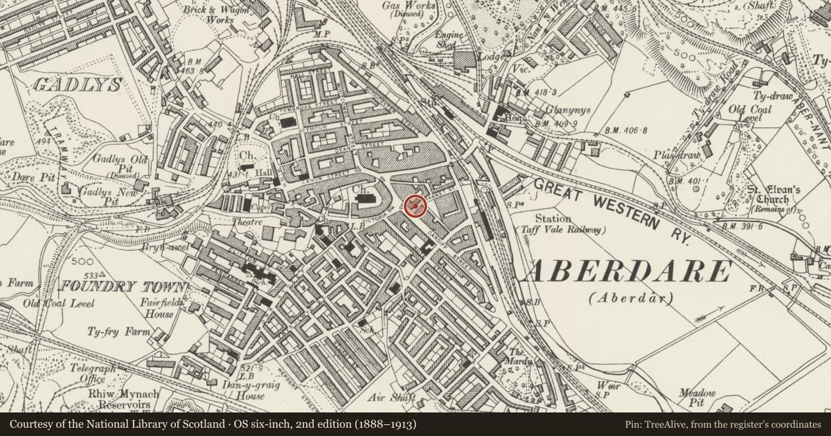 Ordnance Survey six-inch map, 2nd edition (1888–1913) covering the location of Radio Rentals, Aberdare East, Rhondda Cynon Taff, with a pin at the register's coordinates