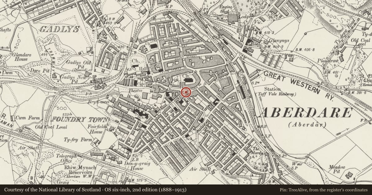 Ordnance Survey six-inch map, 2nd edition (1888–1913) covering the location of Pedestal and Statue of "Caradog", Aberdare East, Rhondda Cynon Taff, with a pin at the register's coordinates